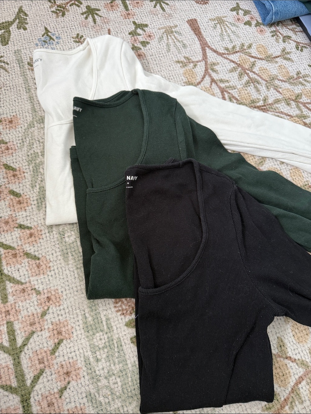 Old Navy Ribbed Long Sleeve Crewneck Tops - Black, Forest Green, Off-White